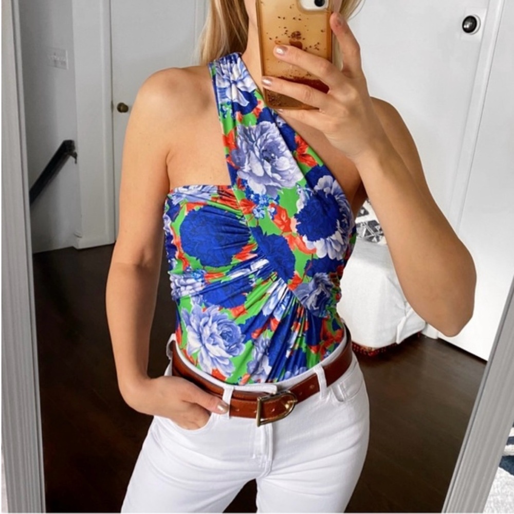 Zara Blue Floral One-Shoulder Bodysuit